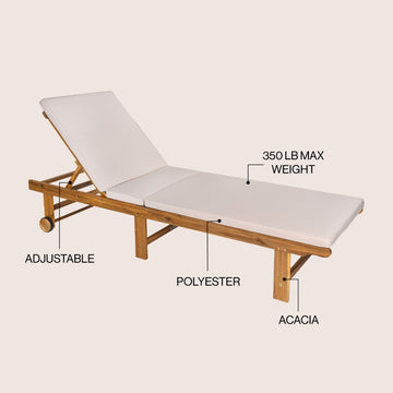 Mallorca 77.17"x23.62" Modern Classic Foldable Adjustable Wood Chaise Outdoor Lounge Chair with Cushion & Wheels